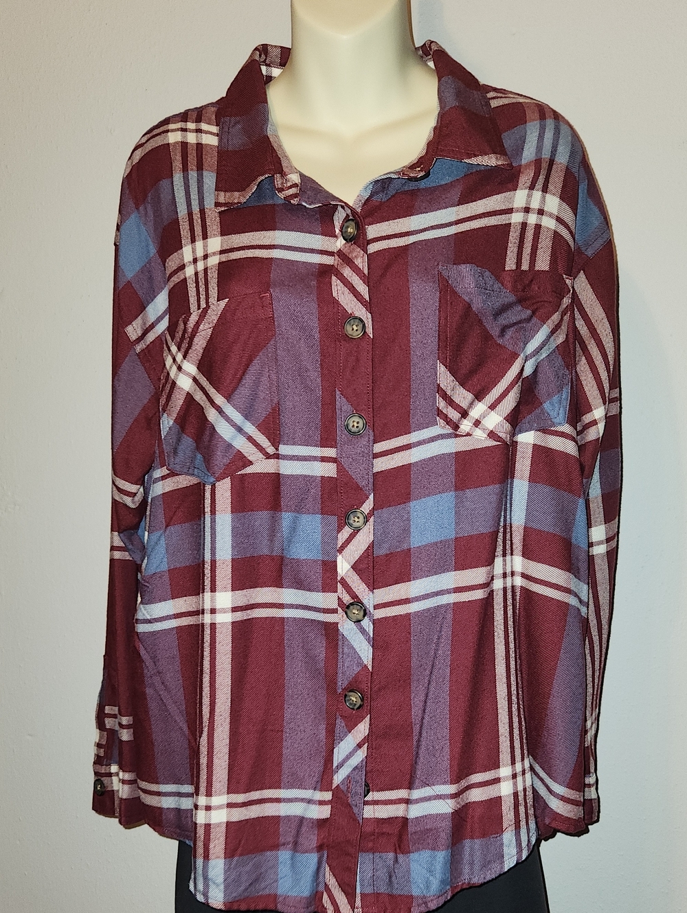 Maurices Burgundy Plaid Button-Down Shirt with Blue Accents